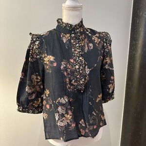 Floral cotton high neck ruffle blouse. Size small, short sleeve